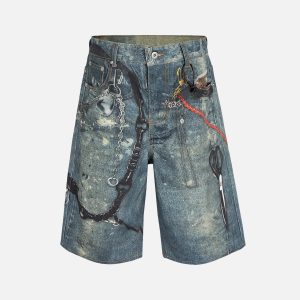 Concert Outfit Retro Scissors Print Cropped Denim Shorts