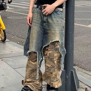 Concert Outfit Retro Stitching Faux Two-Piece Camouflage Jeans