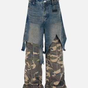 Concert Outfit Retro Stitching Faux Two-Piece Camouflage Jeans