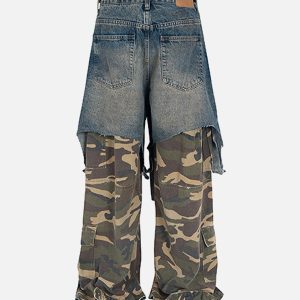 Concert Outfit Retro Stitching Faux Two-Piece Camouflage Jeans