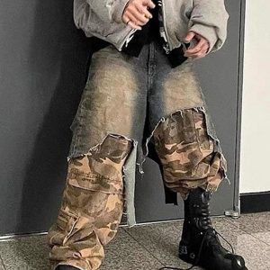 Concert Outfit Retro Stitching Faux Two-Piece Camouflage Jeans