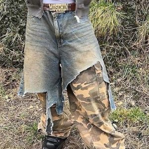 Concert Outfit Retro Stitching Faux Two-Piece Camouflage Jeans