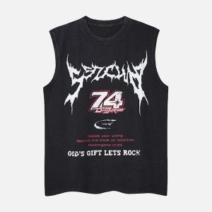 Concert Outfit Retro Washed Letter Print Vest