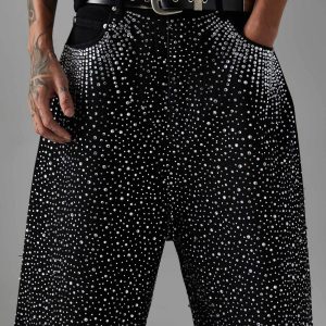 Concert Outfit Retro Washed Rhinestone Raw Edge Denim Shorts