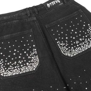 Concert Outfit Retro Washed Rhinestone Raw Edge Denim Shorts