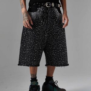 Concert Outfit Retro Washed Rhinestone Raw Edge Denim Shorts