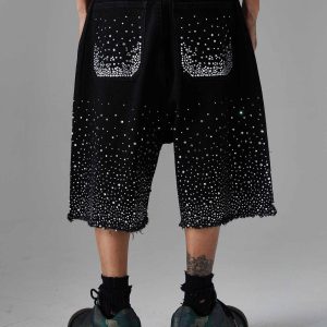 Concert Outfit Retro Washed Rhinestone Raw Edge Denim Shorts