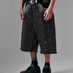 Concert Outfit Retro Washed Rhinestone Raw Edge Denim Shorts