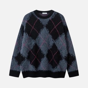 Concert Outfit Rhombus Plaid Embroidery Sweater