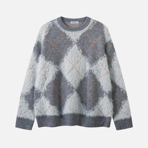 Concert Outfit Rhombus Plaid Embroidery Sweater