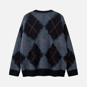Concert Outfit Rhombus Plaid Embroidery Sweater