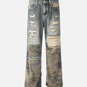 Concert Outfit Ripped Camouflage Patchwork Baggy Jeans