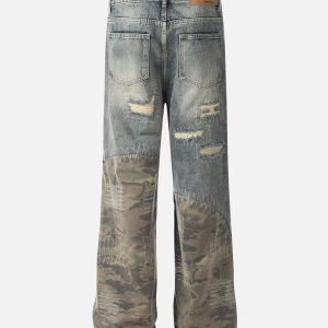 Concert Outfit Ripped Camouflage Patchwork Baggy Jeans