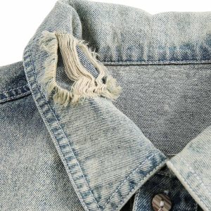 Concert Outfit Ripped Embroidered Floral Denim Shirt