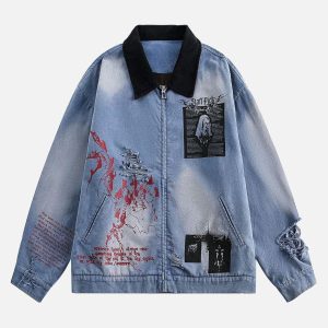 Concert Outfit Ripped Graffiti Washed Zip Up Denim Jacket