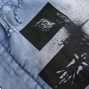 Concert Outfit Ripped Graffiti Washed Zip Up Denim Jacket