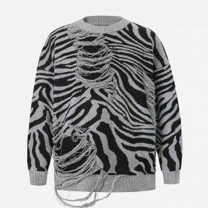 Concert Outfit Ripped Zebra Pattern Sweater