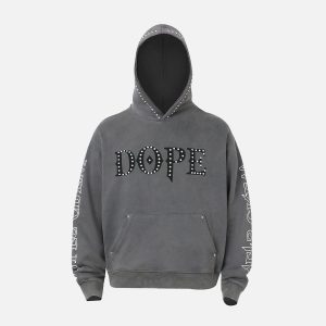 Concert Outfit Rivet-Adorned Graphic Hoodie