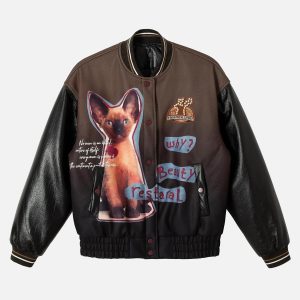 Concert Outfit Siamese Cat Embroidery Leather Bomber Jacket