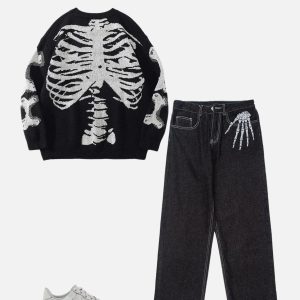 Concert Outfit Skeleton Pattern Knit Sweater