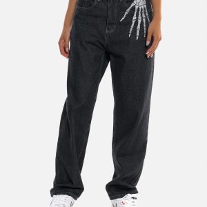 Concert Outfit Skull Bone Embroidery Loose Jeans