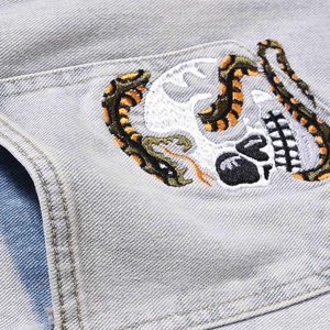 Concert Outfit Skull Flame Monogram Embroidered Slim Fit Jeans