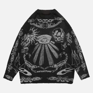 Concert Outfit Skull Print Distressed Sweater