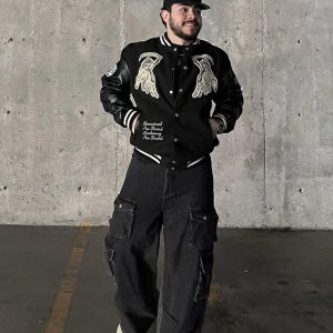 Concert Outfit Skull Sickle Embroidered PU Splicing Jacket