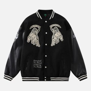 Concert Outfit Skull Sickle Embroidered PU Splicing Jacket