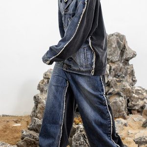 Concert Outfit Slub Cotton Patchwork Frayed Jeans