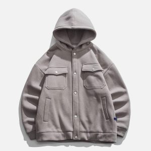 Concert Outfit Solid Color Multi-Pocket Hooded Winter Coat