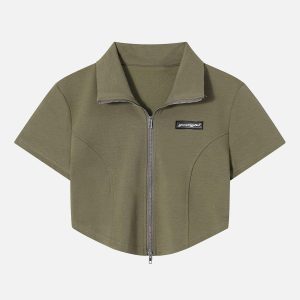 Concert Outfit Solid Zip Up Cropped Tee