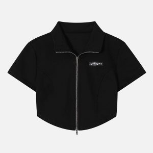 Concert Outfit Solid Zip Up Cropped Tee
