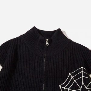 Concert Outfit Spider Web Stand Collar Zip-Up Cardigan