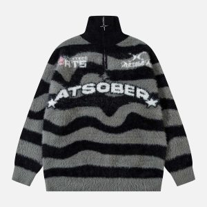 Concert Outfit Stand Collar Striped Zip Up Fleece Sweater