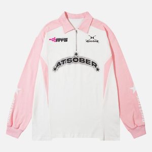 Concert Outfit Star Contrast Color Long Sleeve Quarter Zipper Shirt