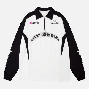 Concert Outfit Star Contrast Color Long Sleeve Quarter Zipper Shirt