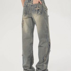 Concert Outfit Star Embroidered Washed Jeans