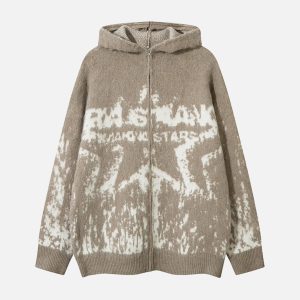 Concert Outfit Star Mohair Fuzzy Hooded Zip Up Sweater