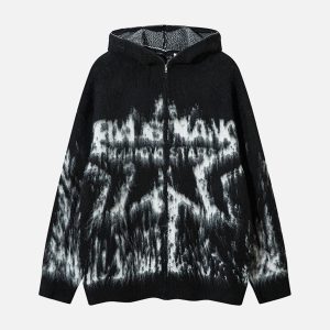 Concert Outfit Star Mohair Fuzzy Hooded Zip Up Sweater