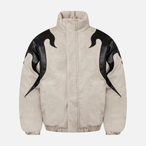 Concert Outfit Street Flame Embroidered Suede Padded Puffer Jacket