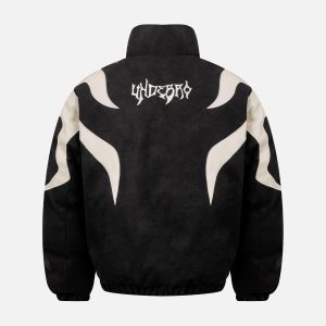 Concert Outfit Street Flame Embroidered Suede Padded Puffer Jacket