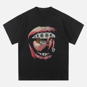 Concert Outfit Street Retro Washed Lip Print T-Shirt