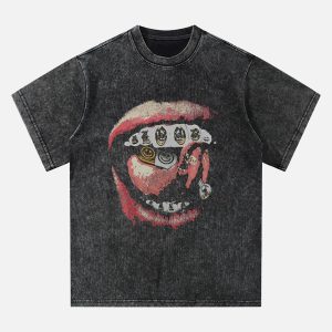 Concert Outfit Street Retro Washed Lip Print T-Shirt