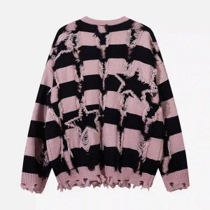 Concert Outfit Street Star Stripe Whisker Ripped Crew Neck Sweater
