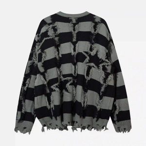 Concert Outfit Street Star Stripe Whisker Ripped Crew Neck Sweater