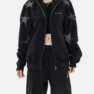 Concert Outfit Street Stars Embroidered Zip-Up Jacket