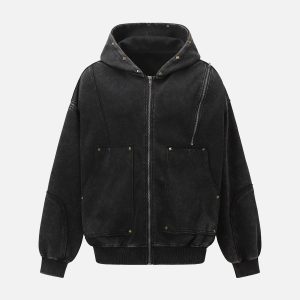 Concert Outfit Street Washed Distressed Stitching Rivet Hooded Jacket