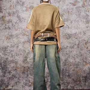 Concert Outfit Suede Contrast Color Spliced Letter Embroidery Oversize T-Shirt