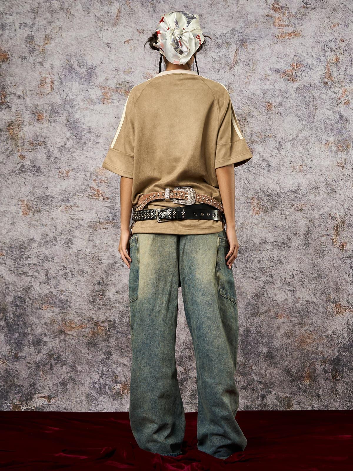 Concert Outfit Suede Contrast Color Spliced Letter Embroidery Oversize T-Shirt Concert Outfit Suede Contrast Color Spliced Letter Embroidery Oversize T-Shirt